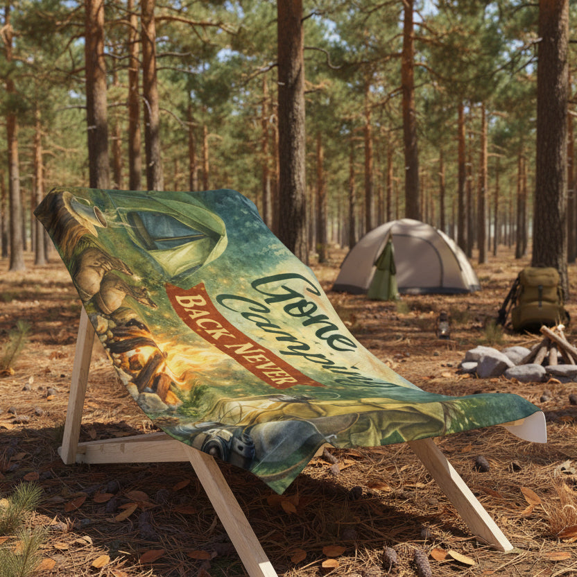 A 'Gone Camping Back Never' beach towel with a camping scene design.
