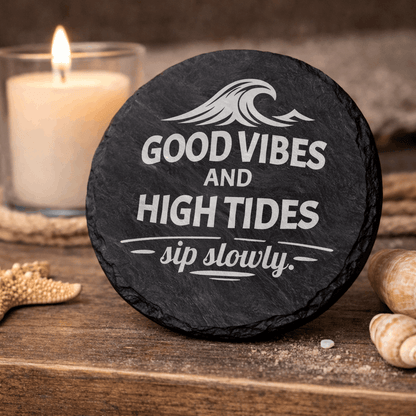 Round black slate coaster engraved “Good Vibes and High Tides sip slowly” with wave icon.