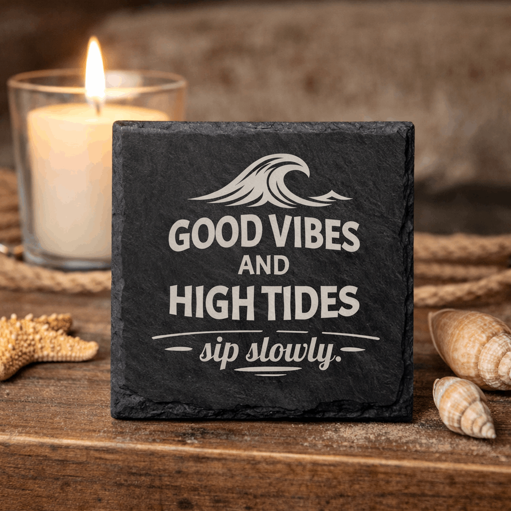 Square black slate coaster engraved “Good Vibes and High Tides sip slowly” with wave icon.