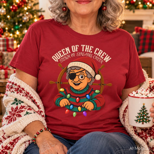 Woman wearing red Chistmas family t-shirt with grandma in Christmas lights and shipwheel and text "Queen of the Crew Sleigh of Seas-ons Cheer".