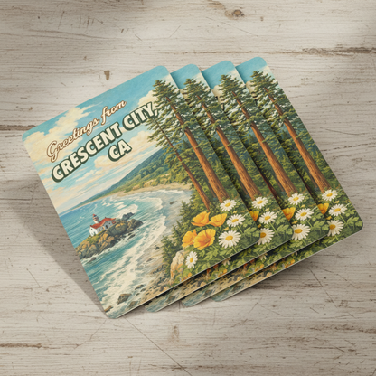 Set of four scenic coasters with a lighthouse and forest design on a green background.