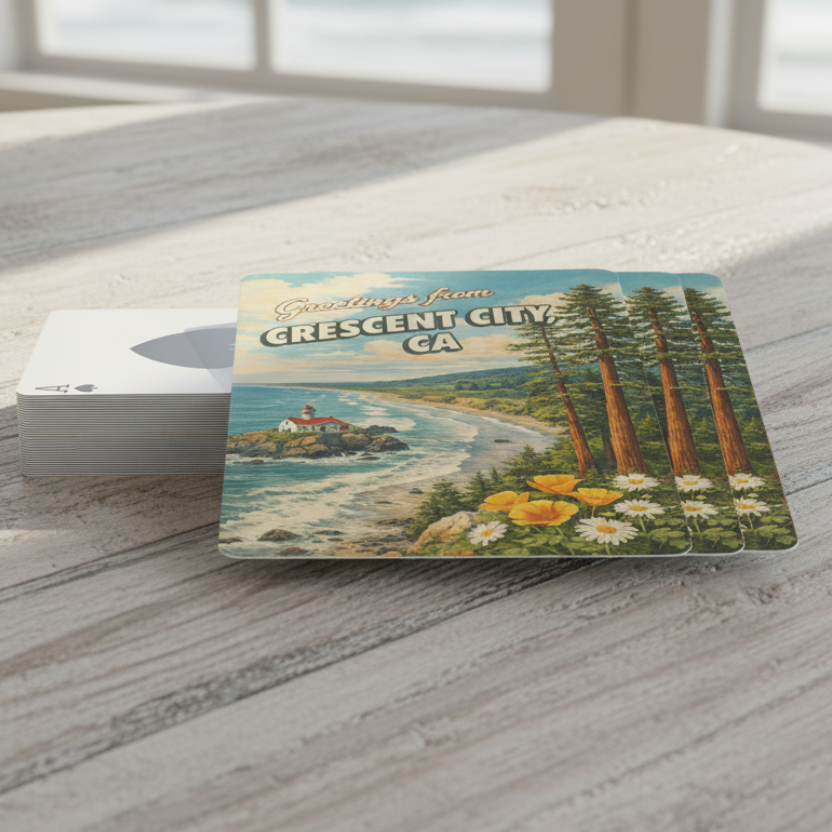 Vintage-style postcard of Crescent City, CA playing cards.