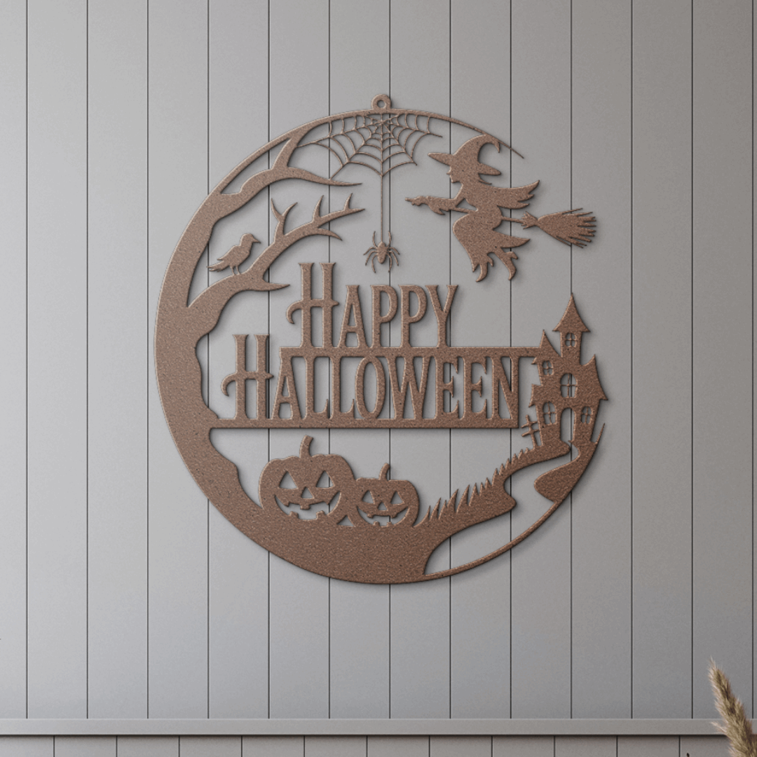 Copper decorative metal wall art with Halloween-themed design featuring pumpkins, a witch, and text Happy Halloween.