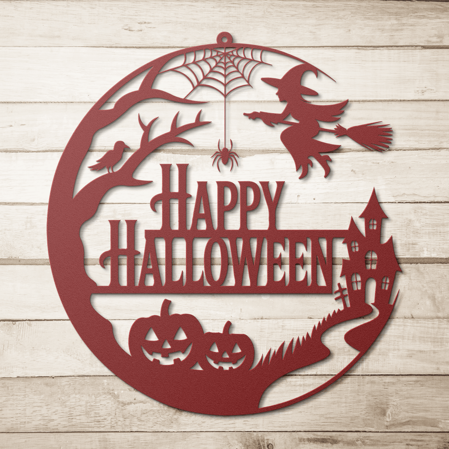 Red decorative metal wall art with Halloween-themed design featuring pumpkins, a witch, and text Happy Halloween.