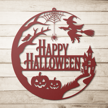 Red decorative metal wall art with Halloween-themed design featuring pumpkins, a witch, and text Happy Halloween.