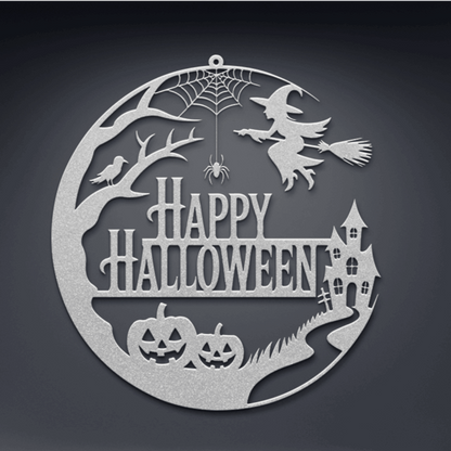 Silver decorative metal wall art with Halloween-themed design featuring pumpkins, a witch, and text Happy Halloween.
