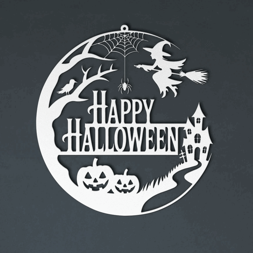 White decorative metal wall art with Halloween-themed design featuring pumpkins, a witch, and text Happy Halloween.