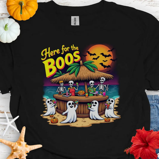 Black t-shirt with Skeletons and ghosts drinking at a tiki bar with the text Here for the Boos