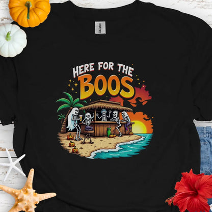 Black T-shirt with ghosts drinking at a tiki bar with the text Here for the Boos