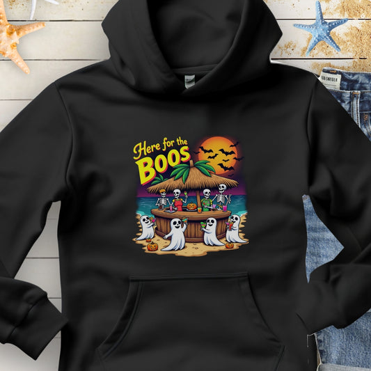 Black Hoodie with ghosts drinking at a tiki bar with the text Here for the Boos