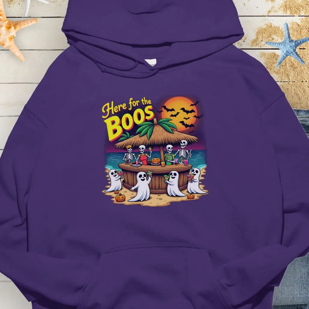 Purple Hoodie with ghosts drinking at a tiki bar with the text Here for the Boos