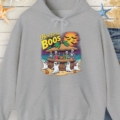 Gray Hoodie with ghosts drinking at a tiki bar with the text Here for the Boos