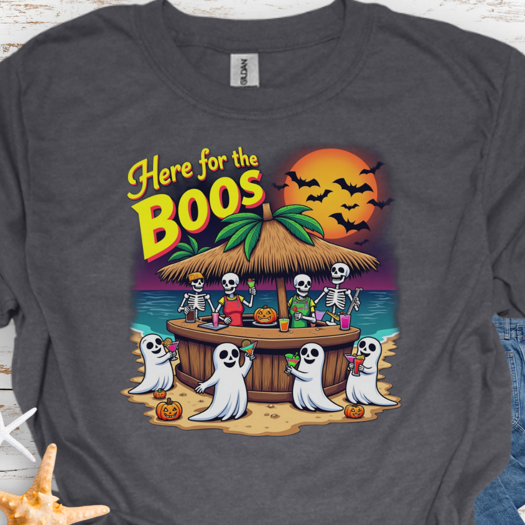 Dark Heather t-shirt with Skeletons and ghosts drinking at a tiki bar with the text Here for the Boos