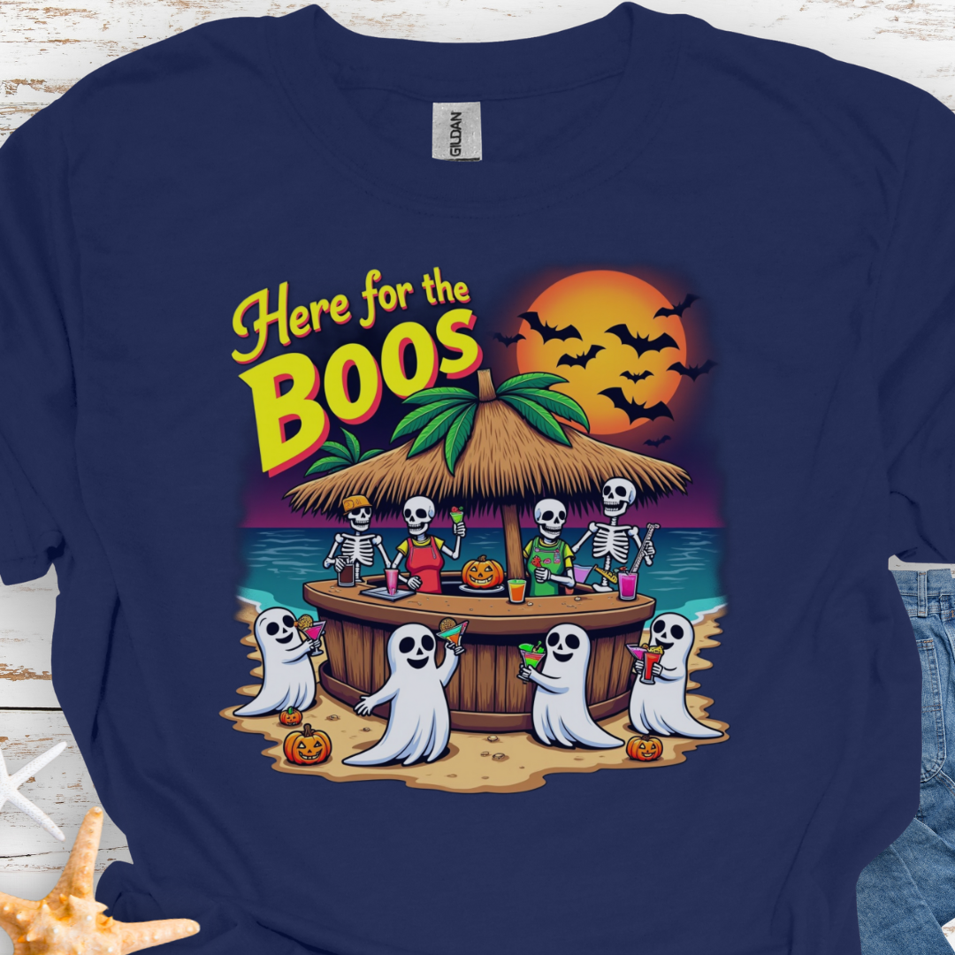 Navy t-shirt with Skeletons and ghosts drinking at a tiki bar with the text Here for the Boos