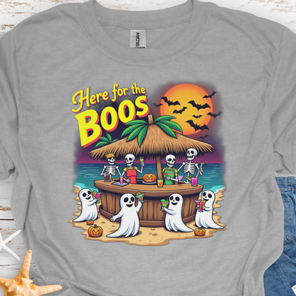 Gray t-shirt with ghosts drinking at a tiki bar with the text Here for the Boos