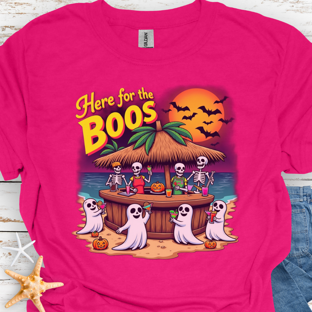 Heliconia t-shirt with Skeletons and ghosts drinking at a tiki bar with the text Here for the Boos