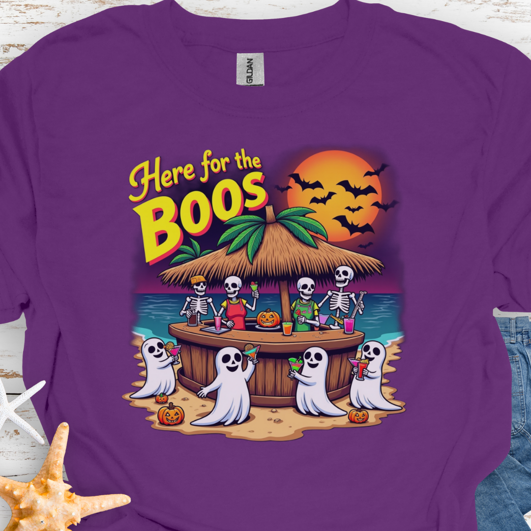 Purple t-shirt with Skeletons and ghosts drinking at a tiki bar with the text Here for the Boos