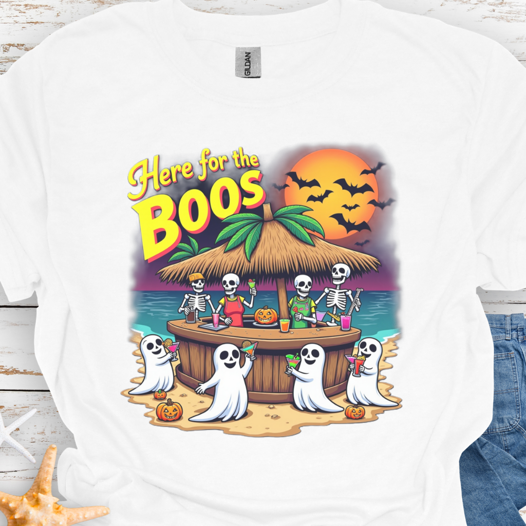 White t-shirt with Skeletons and ghosts drinking at a tiki bar with the text Here for the Boos