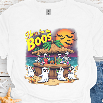 White t-shirt with Skeletons and ghosts drinking at a tiki bar with the text Here for the Boos