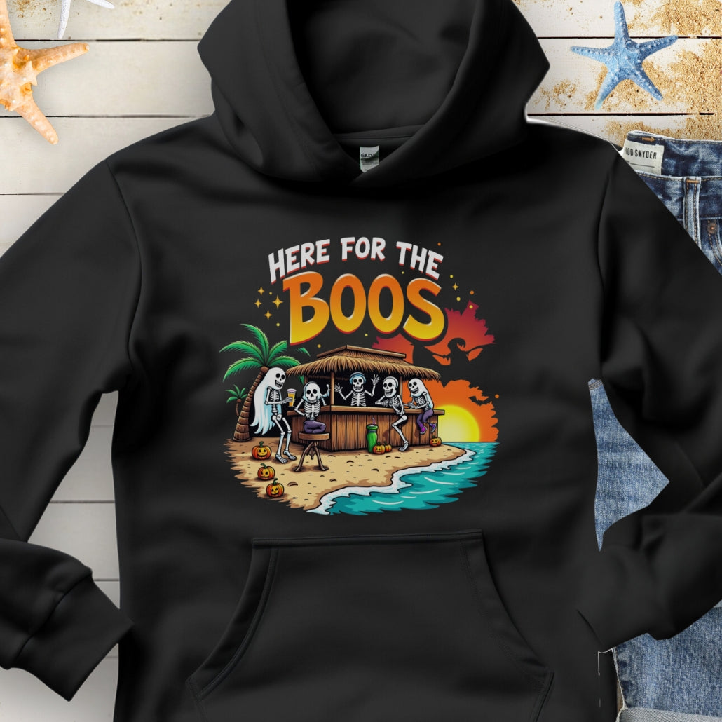 Black Hoodie with Skeletons and ghosts drinking at a tiki bar with the text Here for the Boos