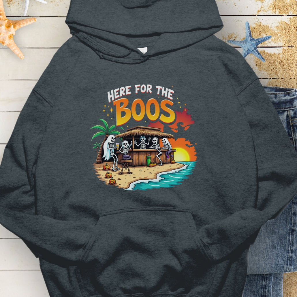 Dark Heather Hoodie with Skeletons and ghosts drinking at a tiki bar with the text Here for the Boos