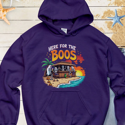 Navy Hoodie with Skeletons and ghosts drinking at a tiki bar with the text Here for the Boos