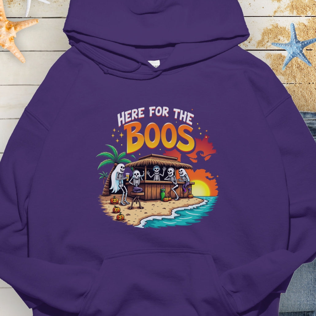 Purple Hoodie with Skeletons and ghosts drinking at a tiki bar with the text Here for the Boos