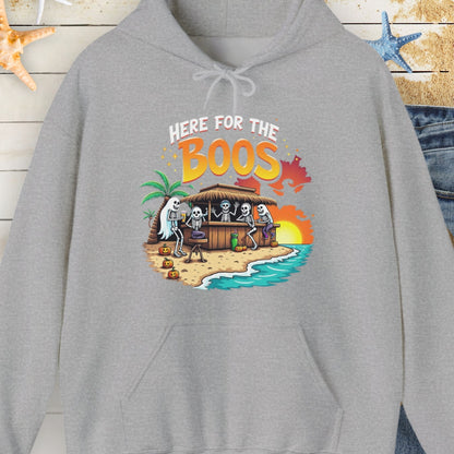 Gray Hoodie with Skeletons and ghosts drinking at a tiki bar with the text Here for the Boos