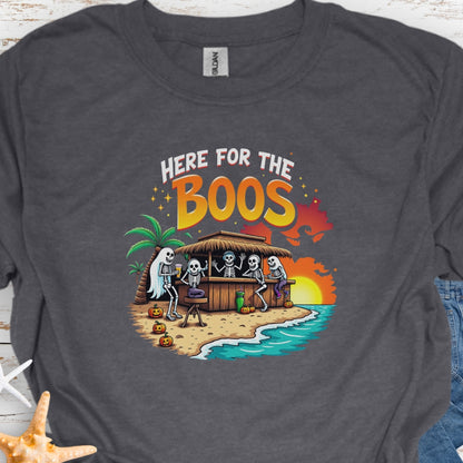 Dark Heather T-shirt with ghosts drinking at a tiki bar with the text Here for the Boos