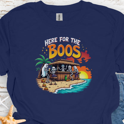 Navy T-shirt with ghosts drinking at a tiki bar with the text Here for the Boos