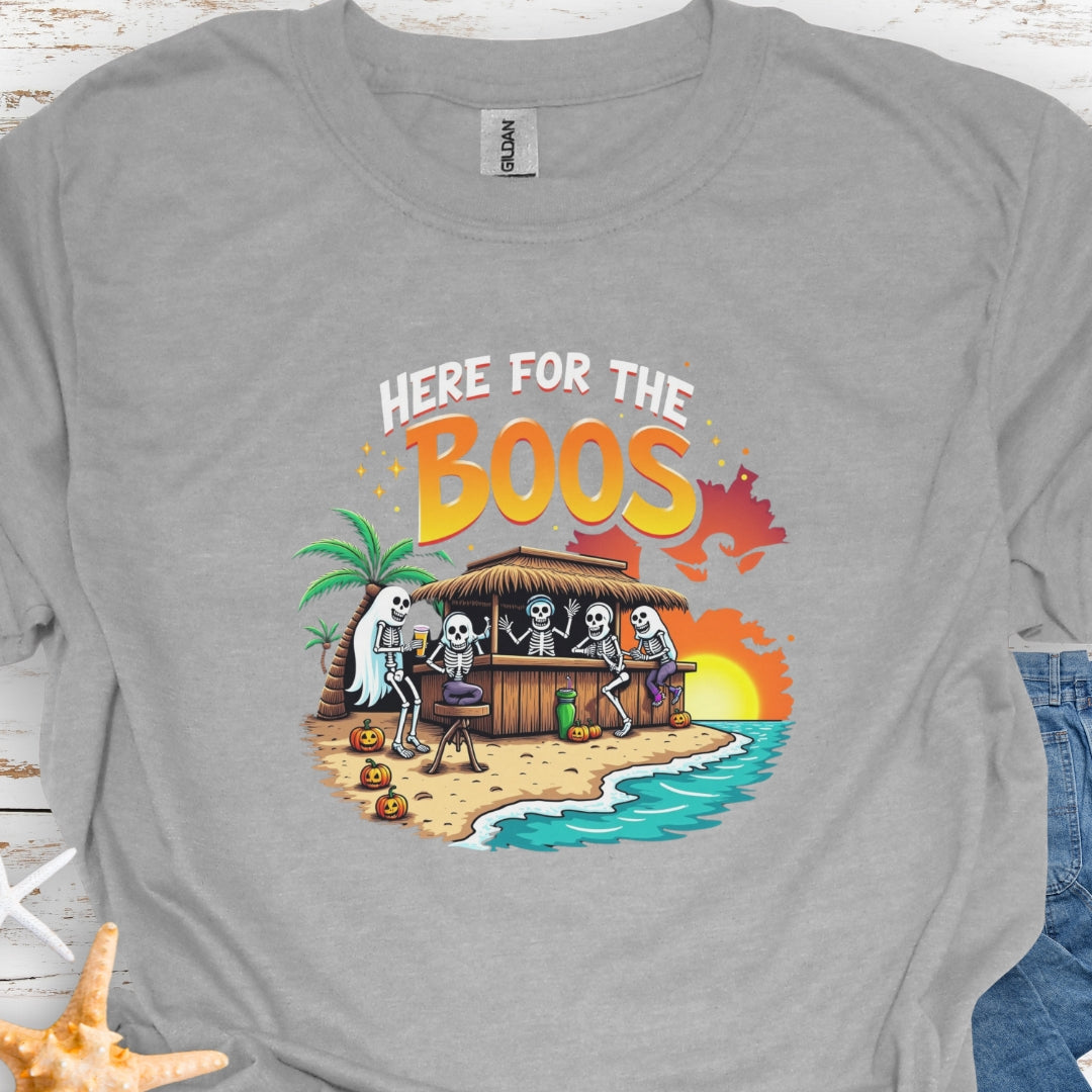 Gray T-shirt with ghosts drinking at a tiki bar with the text Here for the Boos