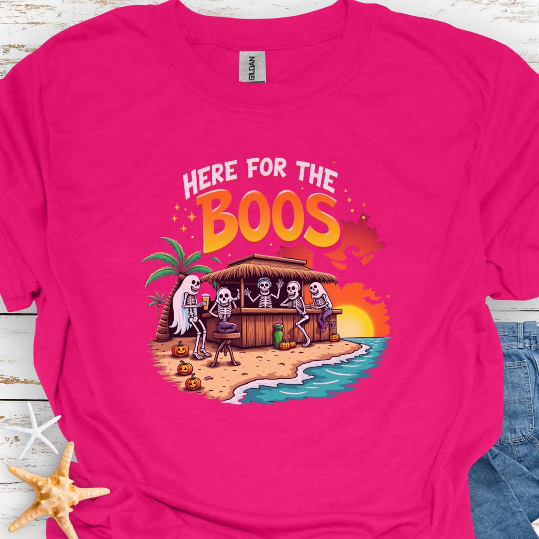 Heliconia T-shirt with ghosts drinking at a tiki bar with the text Here for the Boos