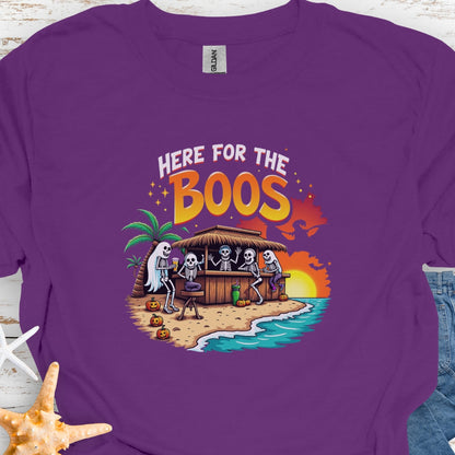 Purple T-shirt with ghosts drinking at a tiki bar with the text Here for the Boos