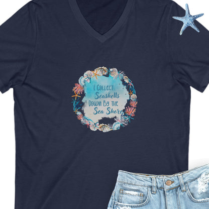 Navy  t-shirt with seashell wreath with text I collect Sea shells by the Seashore