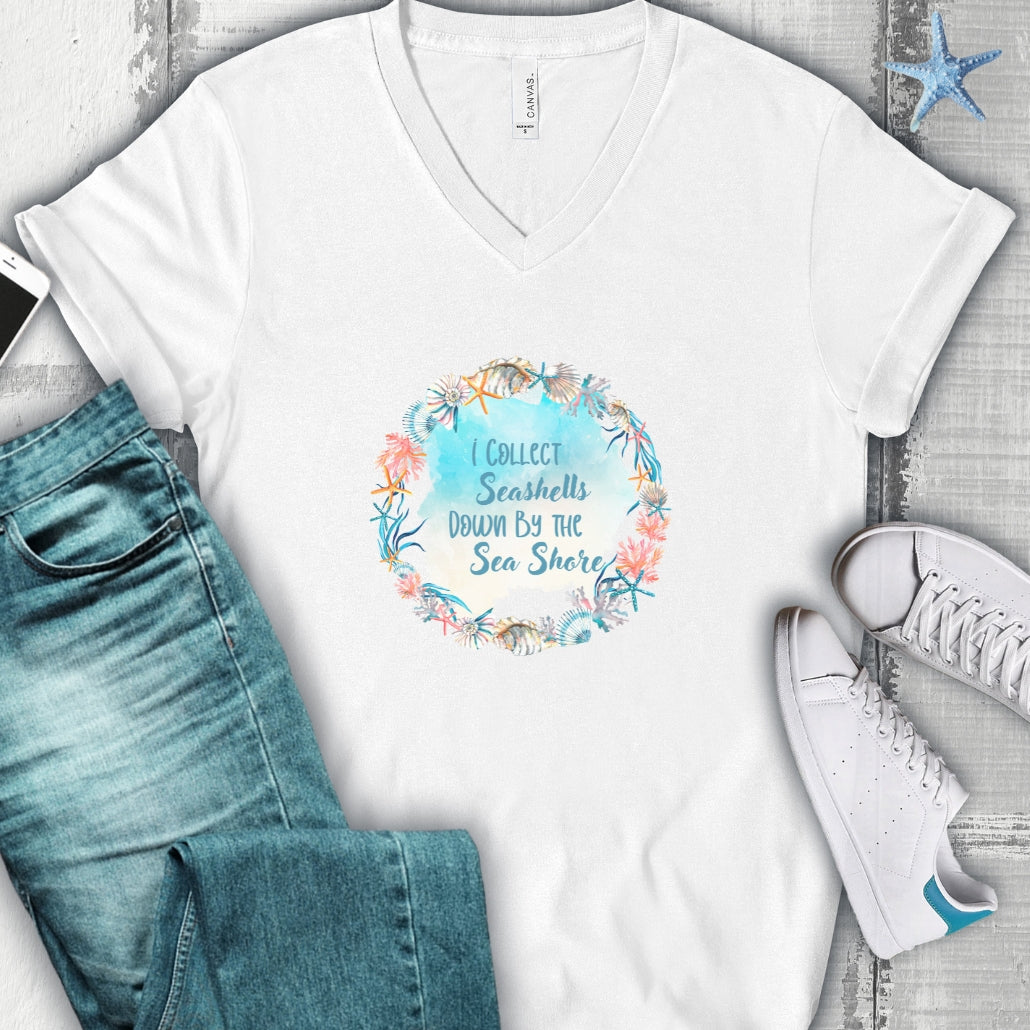 White  t-shirt with seashell wreath with text I collect Sea shells by the Seashore