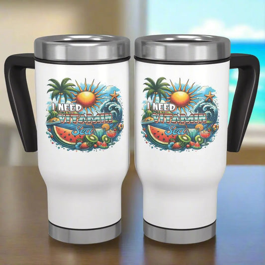 Two White 14 oz travel mug with black handle with beach scene with text I Need Vitamin Sea.