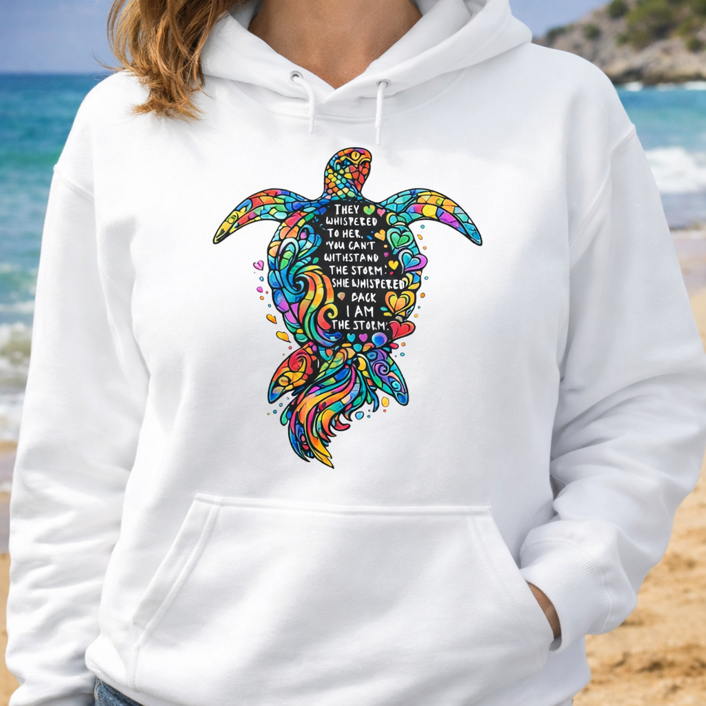 White Unisex hoodie featuring sea turtle design with “I Am the Storm” inspirational quote in ocean colors.
