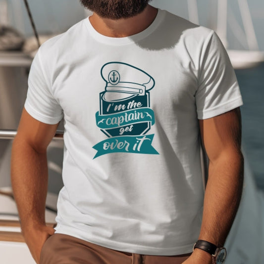 Man wearing a white t-shirt with a graphic with text I'm the Captain get Over It.