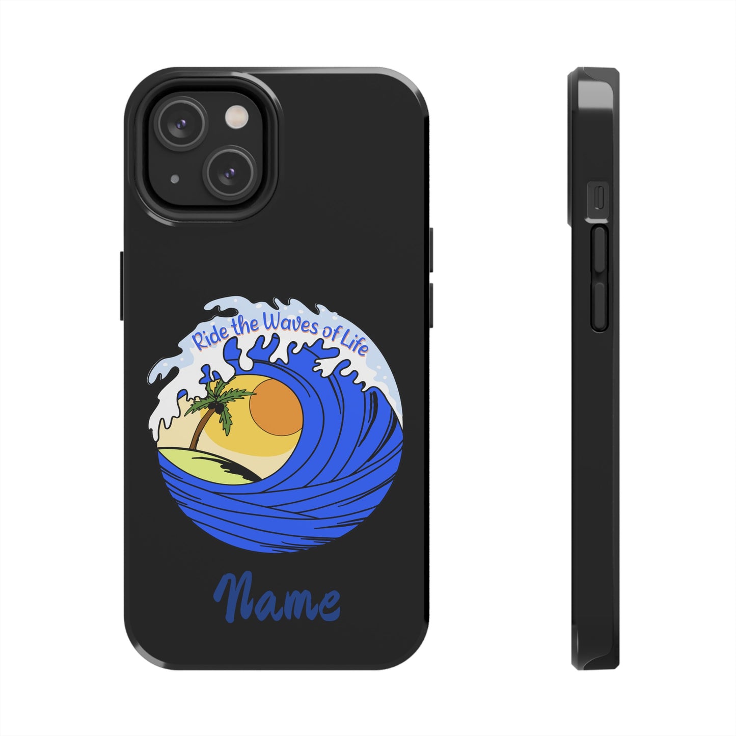 Phone case black with barrel wave with sunset in middle that says Ride the Waves of life