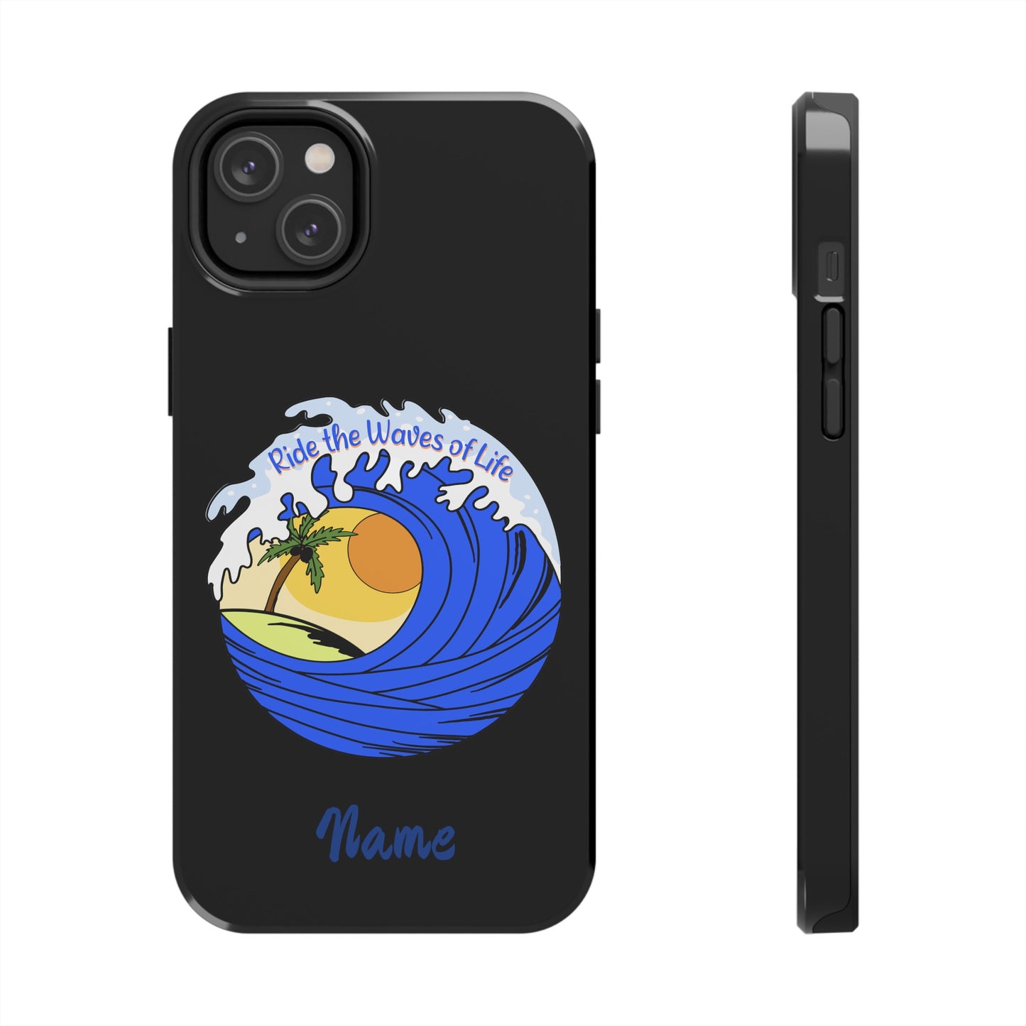 Phone case black with barrel wave with sunset in middle that says Ride the Waves of life