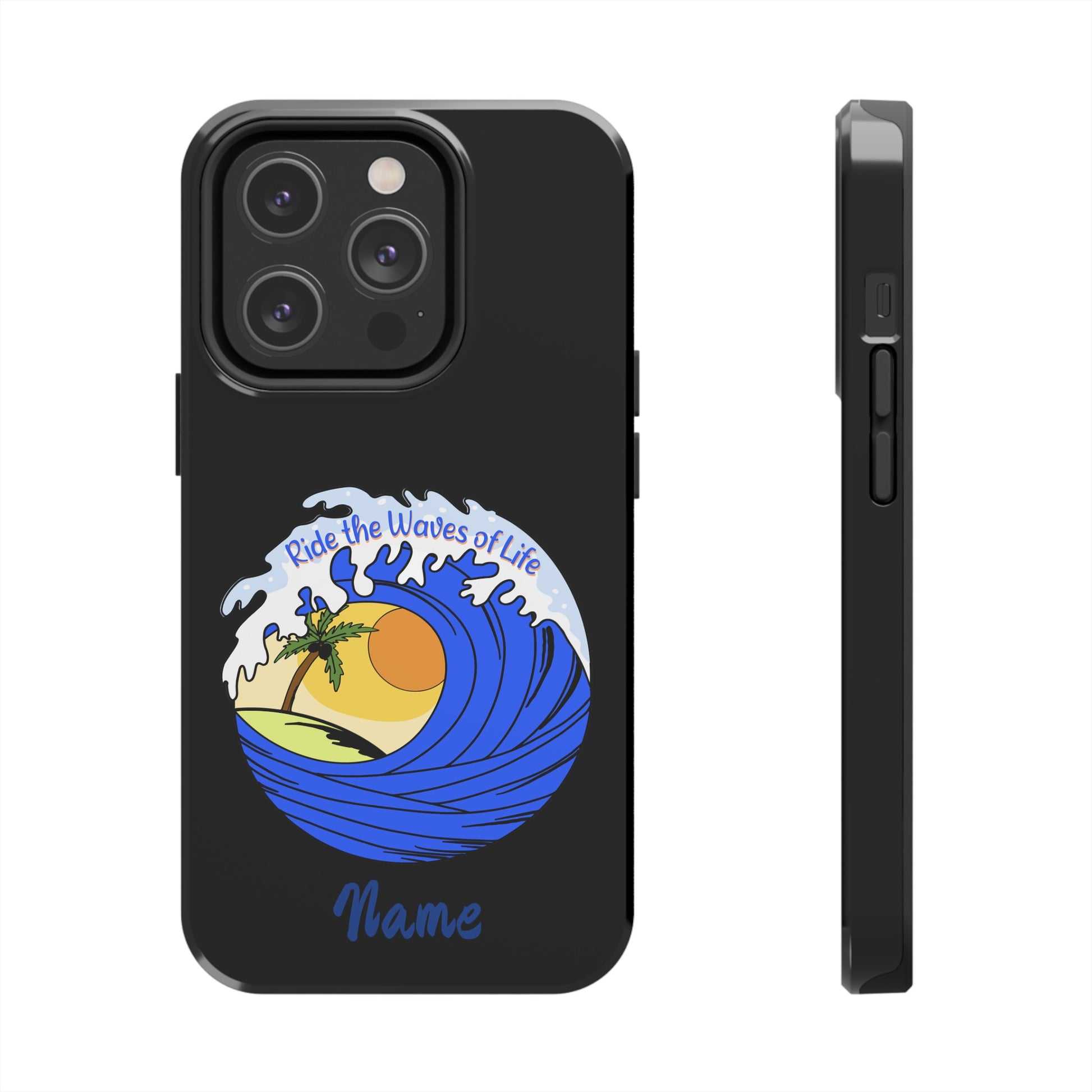 Phone case black with barrel wave with sunset in middle that says Ride the Waves of life