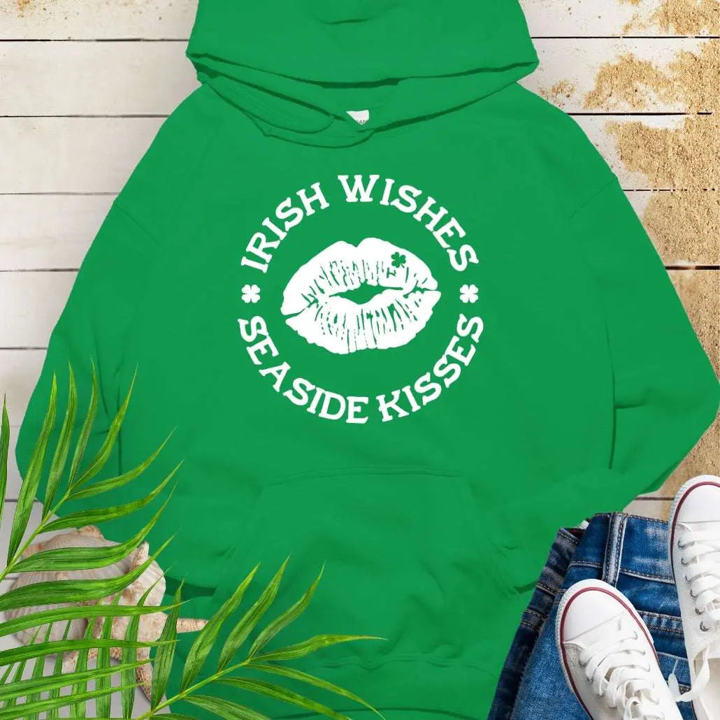 Irish Green hoodie with Lips with shamrock in upper right side with text Irish Wishes Seaside Kisses. Perfect for St. Patrick's Day festivities. Free Shipping!