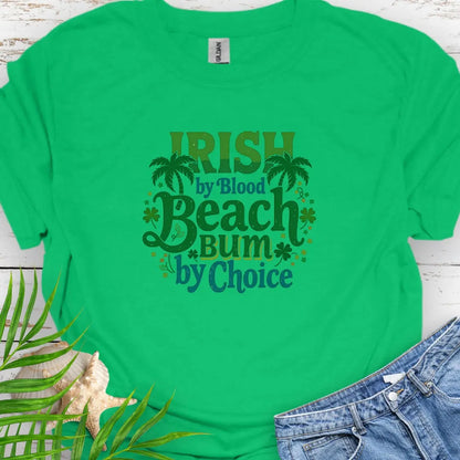 Green Irish by Blood Beach Bum by Choice T-shirt with palm trees and shamrock graphics keeps you cozy and warm for Irish festivities like St. Patrick's Day! Show off your Irish Pride!