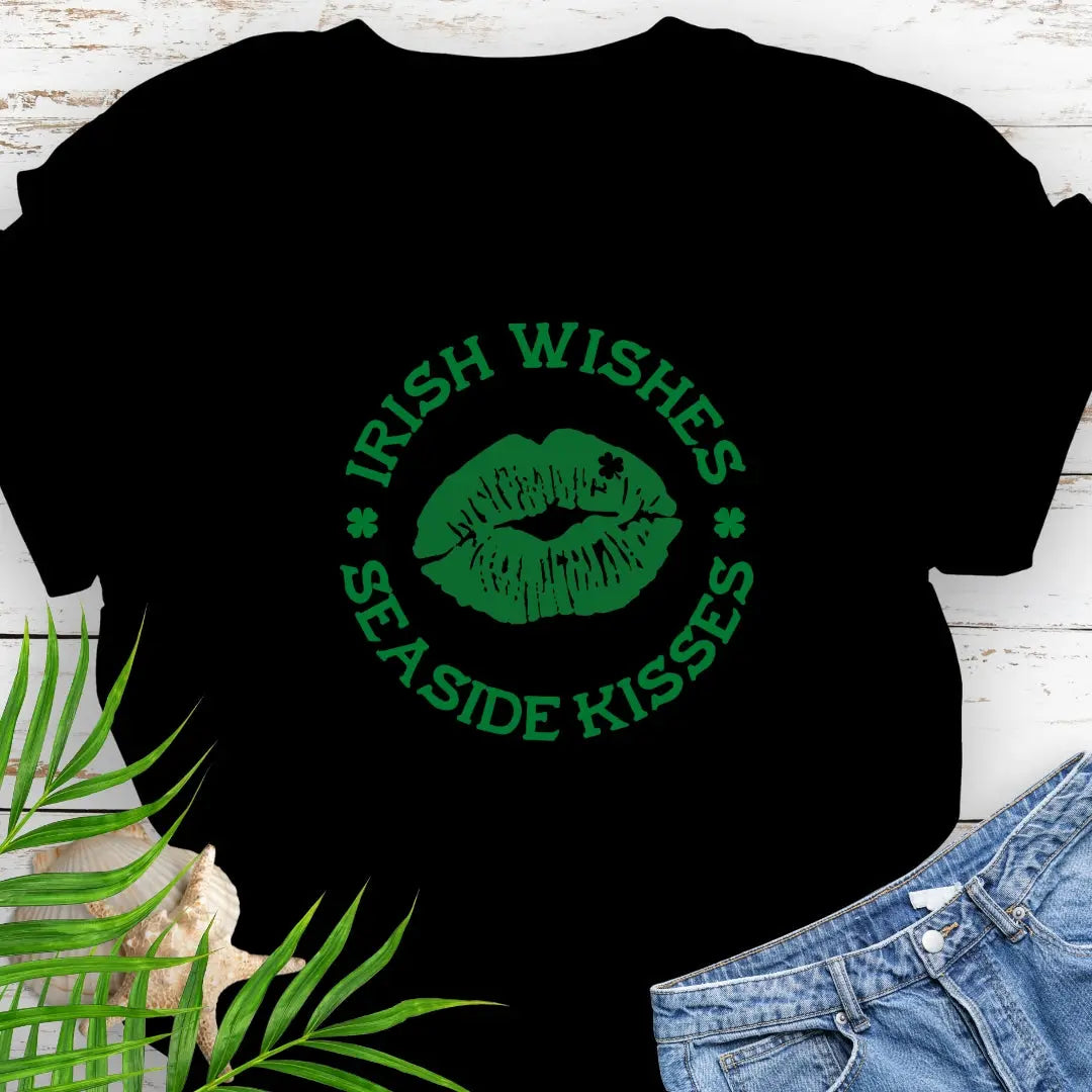 Black T-shirt with Lips with shamrock in upper right side with text Irish Wishes Seaside Kisses. Perfect for St. Patrick's Day festivities. Free Shipping!
