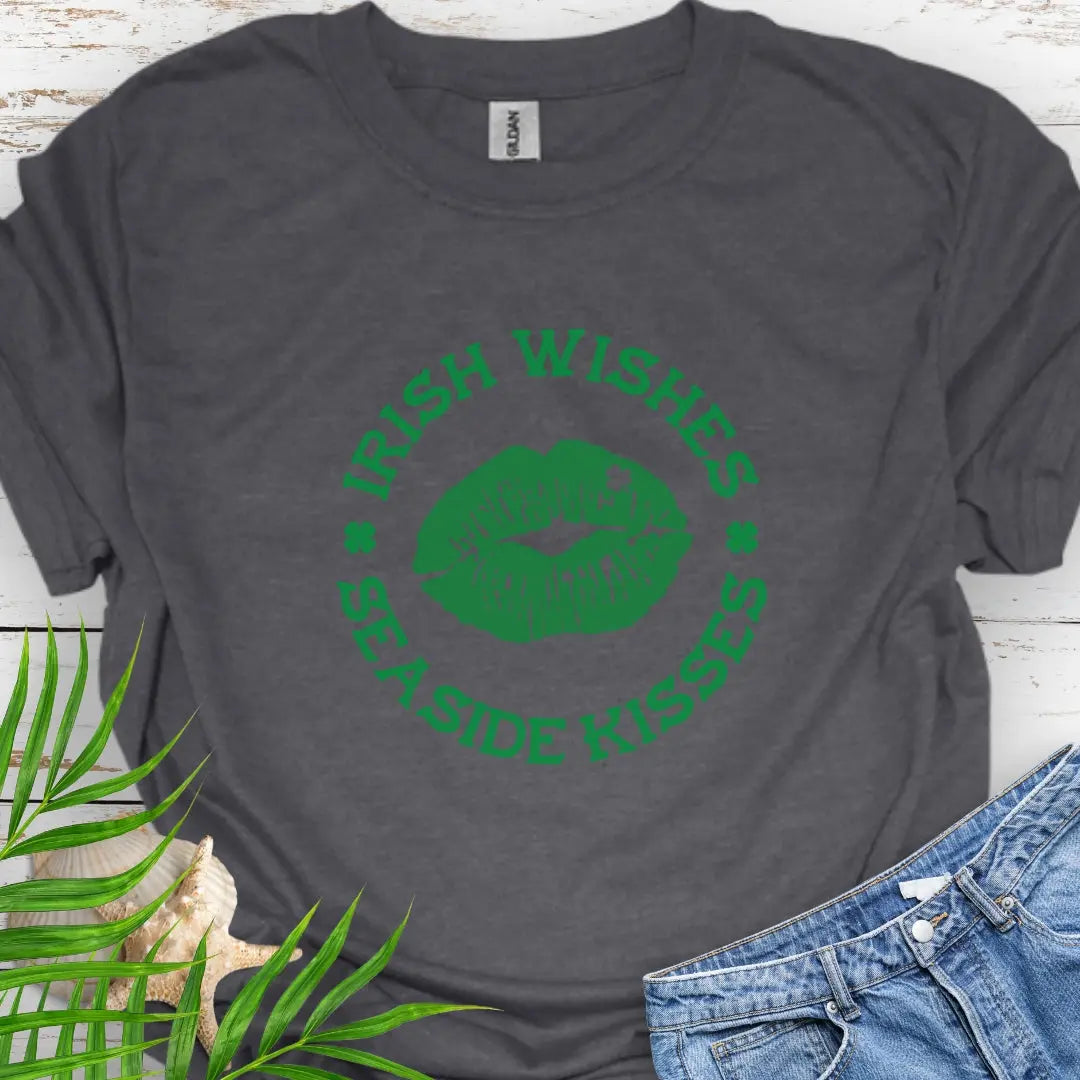 Dark Heather T-shirt with Lips with shamrock in upper right side with text Irish Wishes Seaside Kisses. Perfect for St. Patrick's Day festivities. Free Shipping!