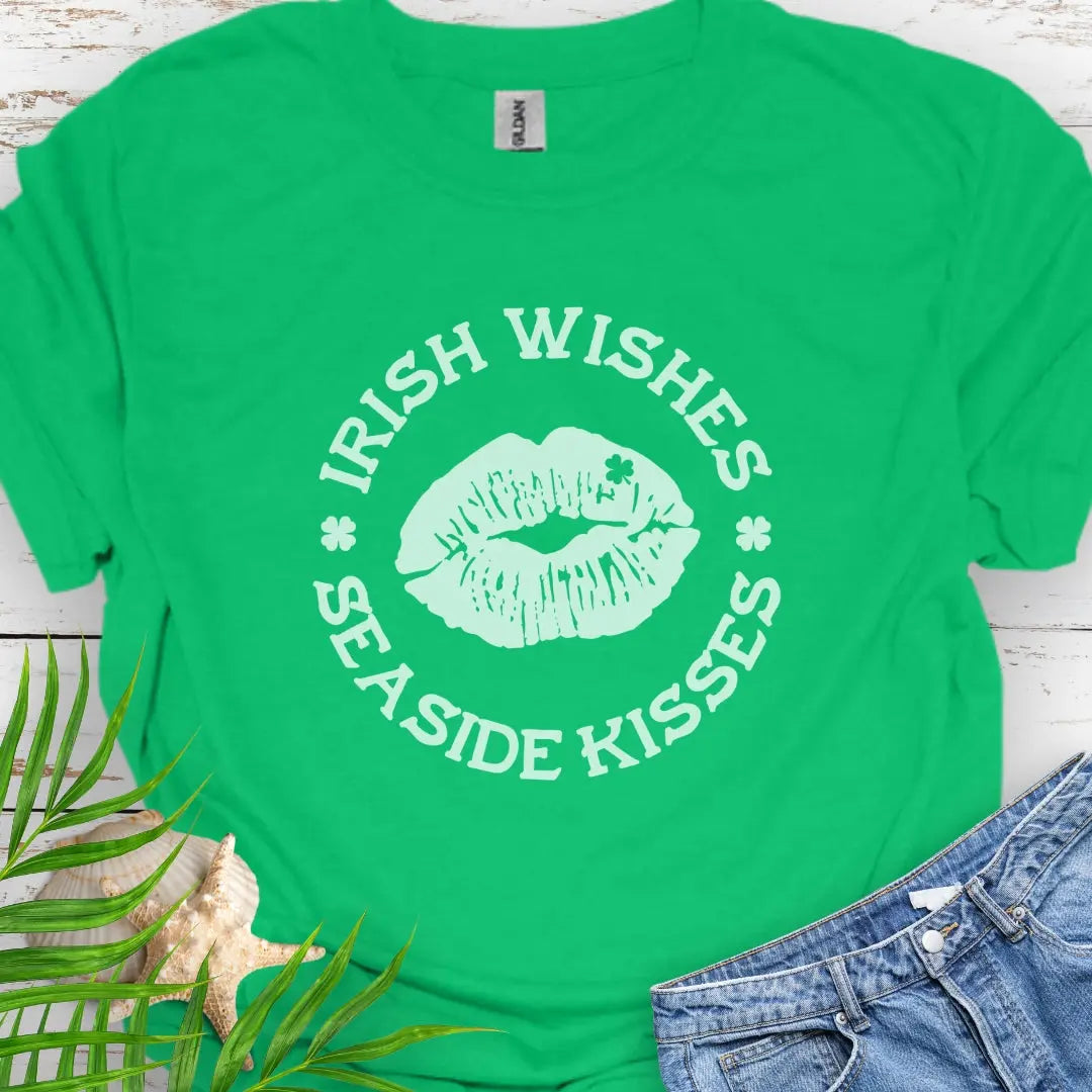 Irish Green  T-shirt with Lips with shamrock in upper right side with text Irish Wishes Seaside Kisses. Perfect for St. Patrick's Day festivities. Free Shipping!