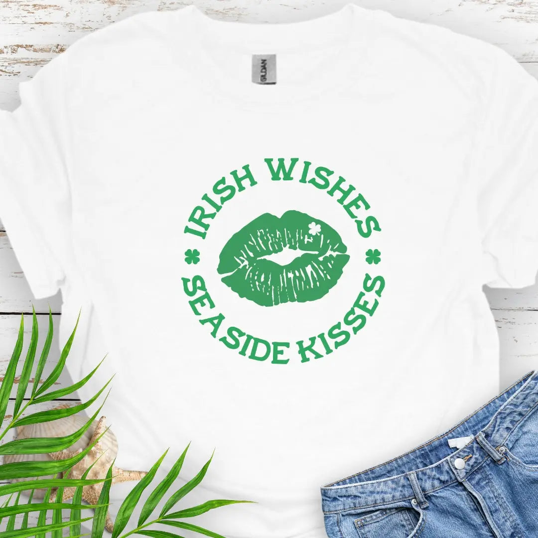 White T-shirt with Lips with shamrock in upper right side with text Irish Wishes Seaside Kisses. Perfect for St. Patrick's Day festivities. Free Shipping!
