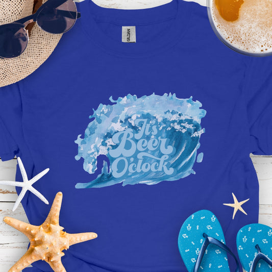 Royal Blue t-shirt with wave with retro text Beer 0'Clock.