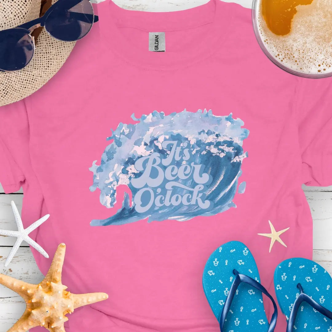 Azalea T-shirt with retro text reading “It’s Beer 0’Clock” above an ocean wave graphic.