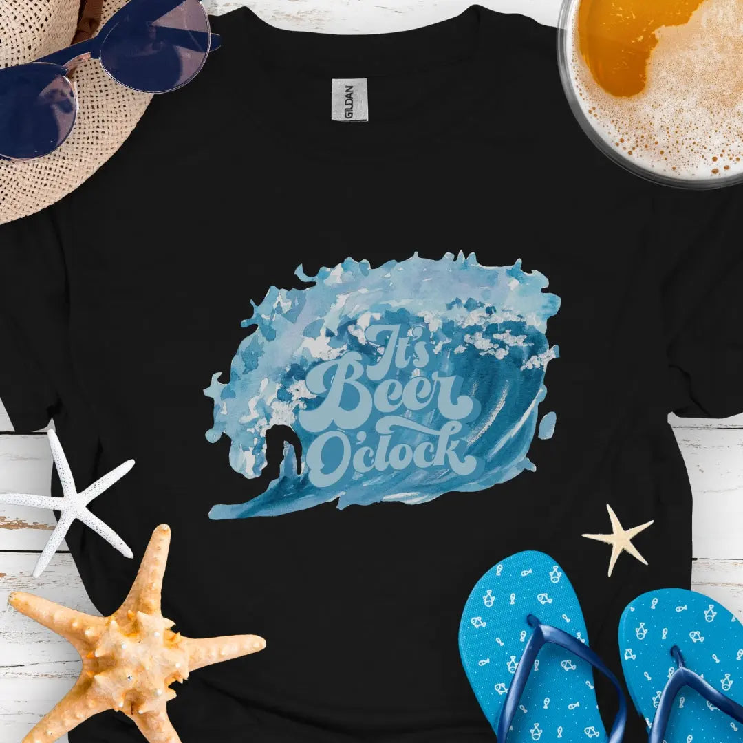 Black T-shirt with retro text reading “It’s Beer 0’Clock” above an ocean wave graphic.